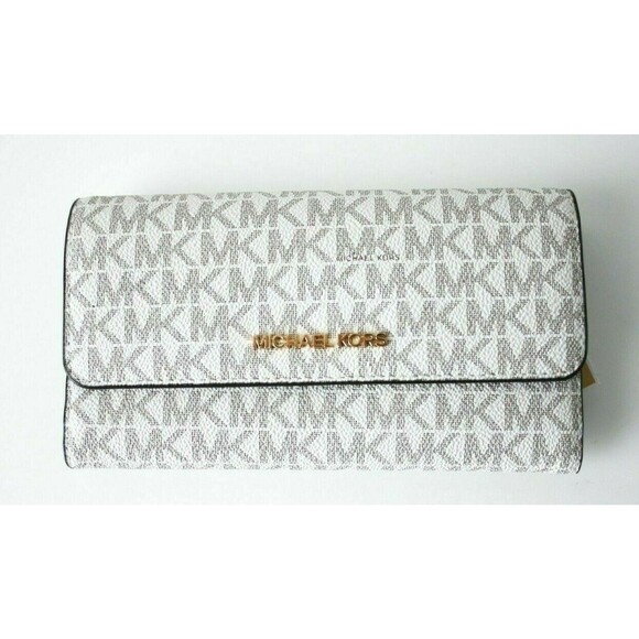 New Michael Kors Jet Set Travel Large Trifold wallet Signature Vanilla - Picture 1 of 3